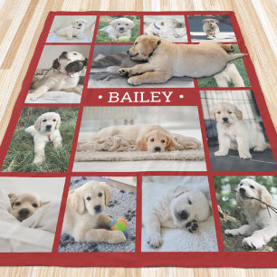 Dog Photo Collage Eenvoudig Modern Rood en Wit Fleece Deken