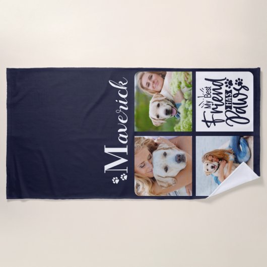 Dog Photo Collage Personalized Monogram Navy Blue Strandlaken (Voorkant)