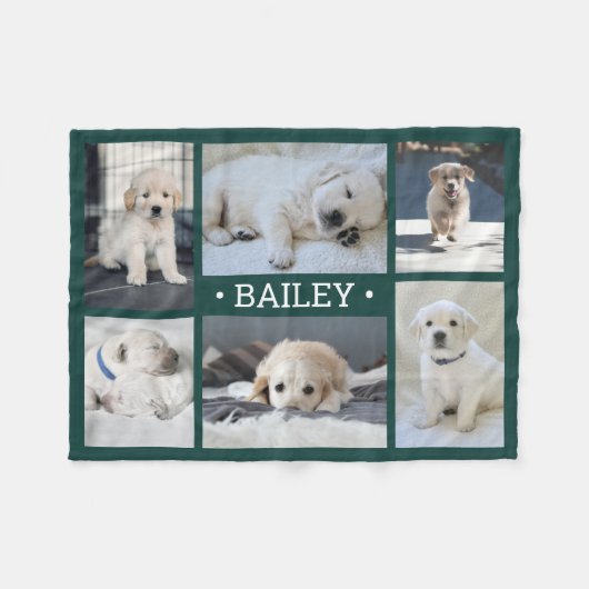 Dog Photo Collage Schattige Eenvoudig Groen en Wit Fleece Deken (Voorkant (Horizontaal))