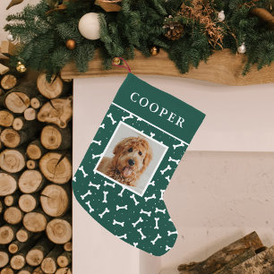 Dog Photo Green and White Dog Bone Pattern Kleine Kerstsok