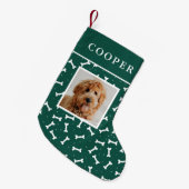 Dog Photo Green and White Dog Bone Pattern Kleine Kerstsok (Voorkant (Hangend))