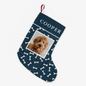 Dog Photo Navy and White Dog Bone Pattern Kleine Kerstsok (Voorkant (Hangend))