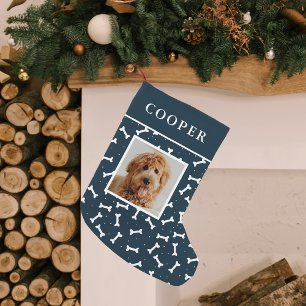 Dog Photo Navy and White Dog Bone Pattern Kleine Kerstsok