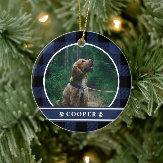 Dog Photo Navy Blue Pset Tartan Keramisch Ornament (Boom)