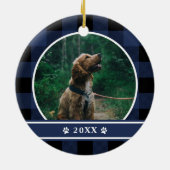 Dog Photo Navy Blue Pset Tartan Keramisch Ornament (Achterkant)