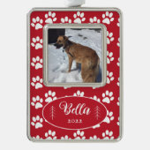 Dog Photo Paw Prints Pattern Red Framed Ornamed Verzilverd Omlijst Ornament (Voorkant)