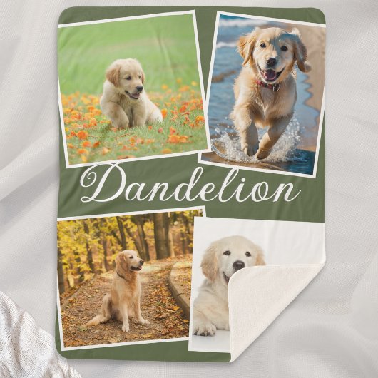 Dog Photo Pet Collage Olive Green Personalized Sherpa Deken