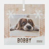 Dog Photo Pet Name Snowflake Waterverf Kerstmis Glas Ornament (Voorkant)