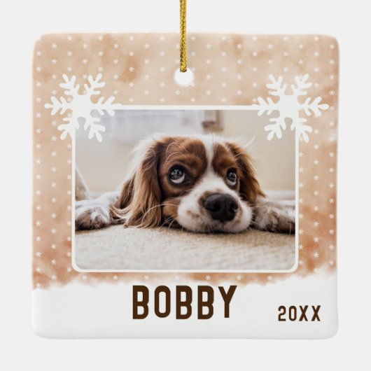 Dog Photo Pet Name Snowflake Waterverf Kerstmis Keramisch Ornament (Achterkant)