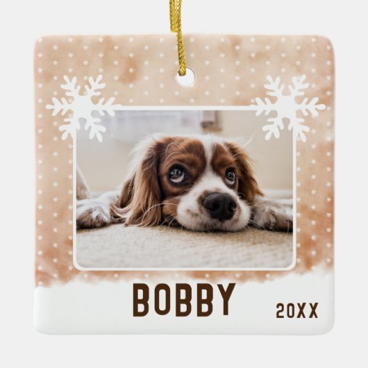 Dog Photo Pet Name Snowflake Waterverf Kerstmis Keramisch Ornament (Voorkant)