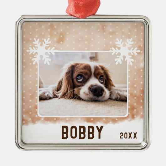 Dog Photo Pet Name Snowflake Waterverf Kerstmis Metalen Ornament (Voorkant)