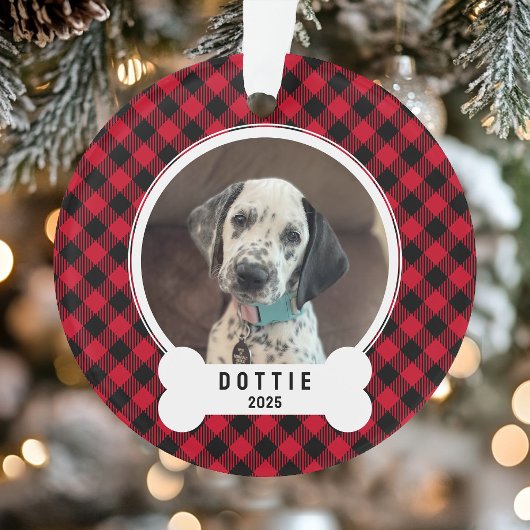 Dog Photo Red and Black Buffalo Plaid Christmas Ornament