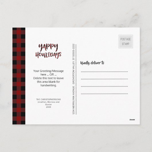 Dog Photo Red Buffalo Check Script YAPPY HOWLIDAYS Feestdagenkaart (Achterkant)