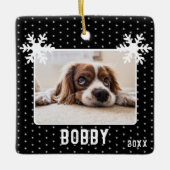Dog Photo Snowflakes Black Pet Name Keramisch Ornament (Voorkant)