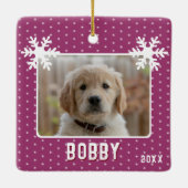 Dog Photo Snowflakes Paarse Pet Name Kerstmis Keramisch Ornament (Achterkant)