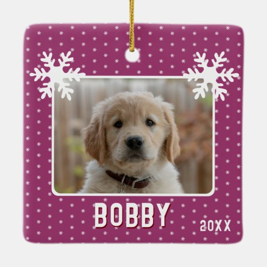 Dog Photo Snowflakes Paarse Pet Name Kerstmis Keramisch Ornament (Achterkant)