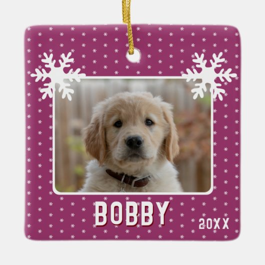 Dog Photo Snowflakes Paarse Pet Name Kerstmis Keramisch Ornament (Voorkant)