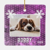 Dog Photo Snowflakes Paarse Pet Name Kerstmis Keramisch Ornament (Achterkant)