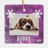 Dog Photo Snowflakes Paarse Pet Name Kerstmis Keramisch Ornament (Voorkant)