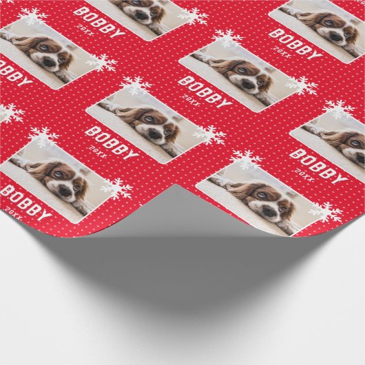 Dog Photo Snowflakes Red Pet Name Kerstmis Cadeaupapier (Hoek)