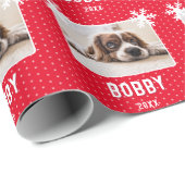 Dog Photo Snowflakes Red Pet Name Kerstmis Cadeaupapier (Rol Hoek)