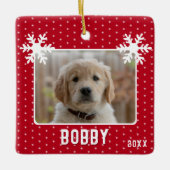 Dog Photo Snowflakes Red Pet Name Kerstmis Keramisch Ornament (Voorkant)