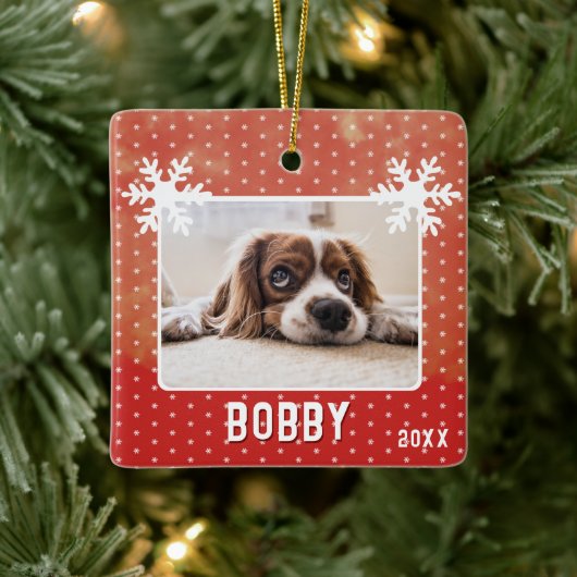 Dog Photo Snowflakes Red Pet Name Kerstmis Keramisch Ornament (Boom)