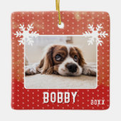 Dog Photo Snowflakes Red Pet Name Kerstmis Keramisch Ornament (Voorkant)