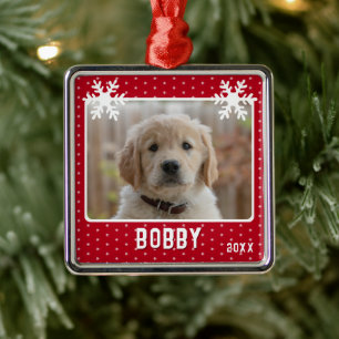 Dog Photo Snowflakes Red Pet Name Kerstmis Metalen Ornament