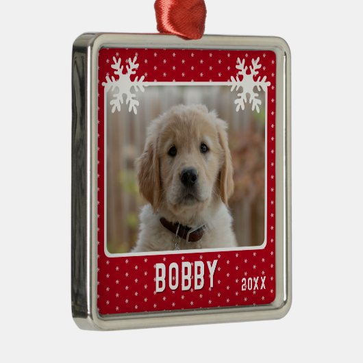 Dog Photo Snowflakes Red Pet Name Kerstmis Metalen Ornament (Rechts)