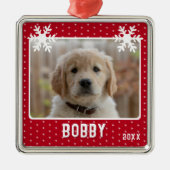 Dog Photo Snowflakes Red Pet Name Kerstmis Metalen Ornament (Voorkant)