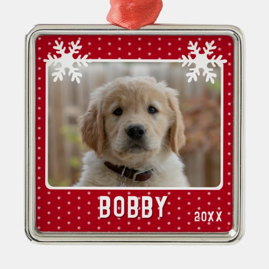Dog Photo Snowflakes Red Pet Name Kerstmis Metalen Ornament (Voorkant)