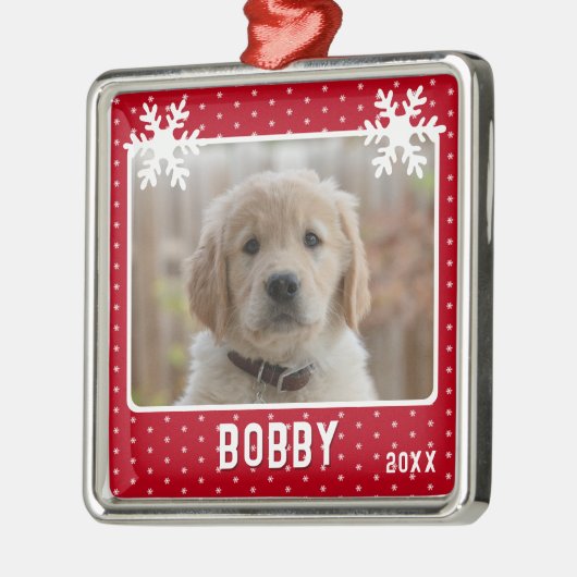 Dog Photo Snowflakes Red Pet Name Kerstmis Metalen Ornament (Links)