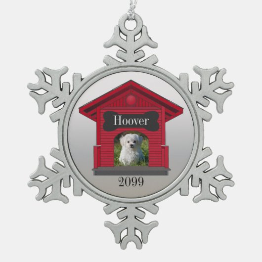 Dog Photo Upload Dog House w Bone Kerstmis Tin Sneeuwvlok Ornament (Voorkant)
