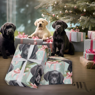 Dog Pink and Blue Holiday Black Lab Puppies Cadeaupapier