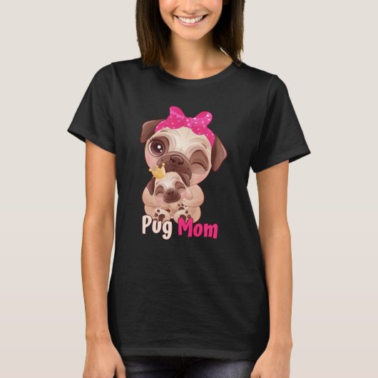Dog  Pink Bow Cute Pug Mom T-shirt (Voorkant)