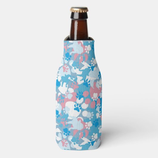 Dog Pink en Blue Camouflage Pattern Flesjeskoeler (Fles Voorkant)