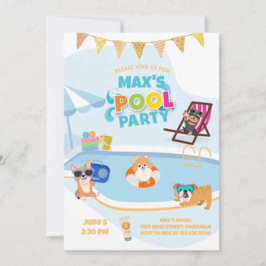 Dog Pool Party, Dog Pawty Birthday Blue Sinaasappe Kaart (Voorkant)