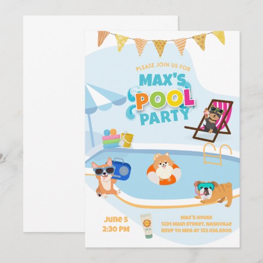 Dog Pool Party, Dog Pawty Birthday Blue Sinaasappe Kaart (Voorkant / Achterkant)
