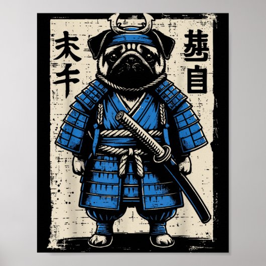 Dog Pug Samurai Funny Japanese Warrior Art Men Wom Poster (Voorkant)