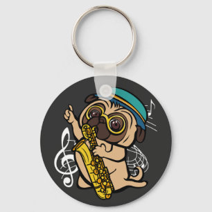 Dog Pug Spelling Saxophone Musician Button Sleutelhanger