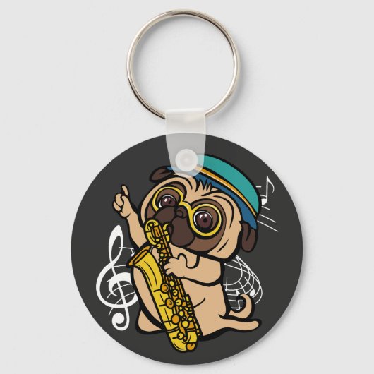Dog Pug Spelling Saxophone Musician Button Sleutelhanger (Voorkant)