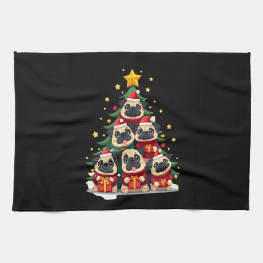 Dog Pugs Christmas Tree Cute Xmas (1) Theedoek (Horizontaal)
