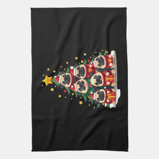 Dog Pugs Christmas Tree Cute Xmas (1) Theedoek (Verticaal)