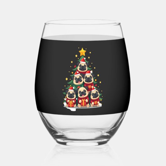 Dog Pugs Christmas Tree Cute Xmas (1) Wijnglas Zonder Voet (Voorkant)