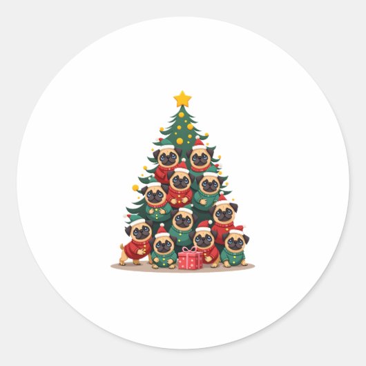 Dog Pugs Christmas Tree Cute Xmas (2) Ronde Sticker (Voorkant)