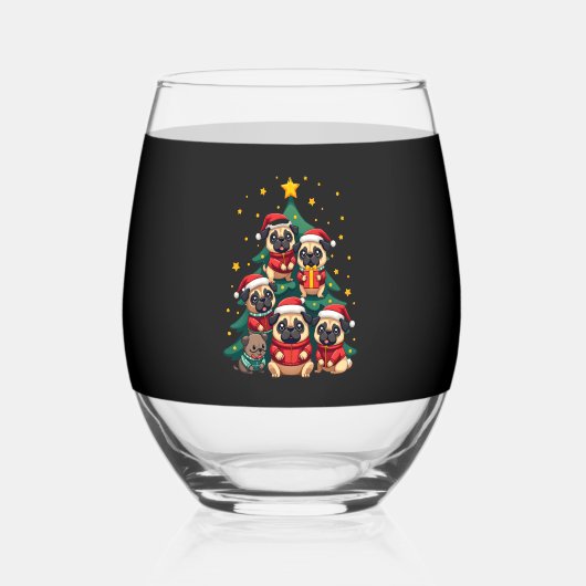 Dog Pugs Christmas Tree Cute Xmas (3) Wijnglas Zonder Voet (Voorkant)