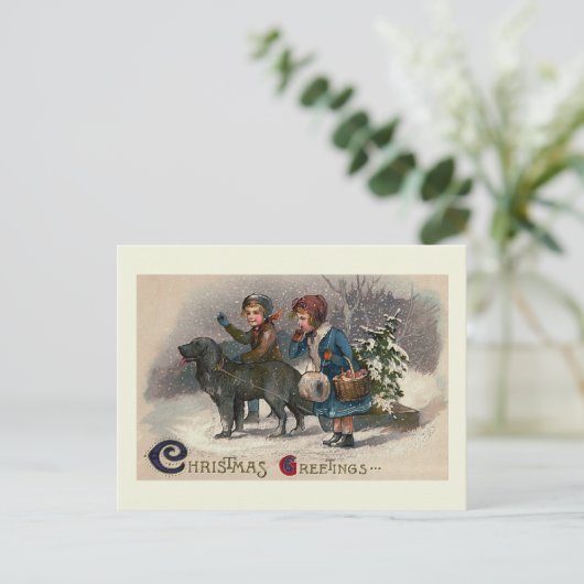 "Dog Pulling Sled" Kerst Briefkaart (Staand voorkant)