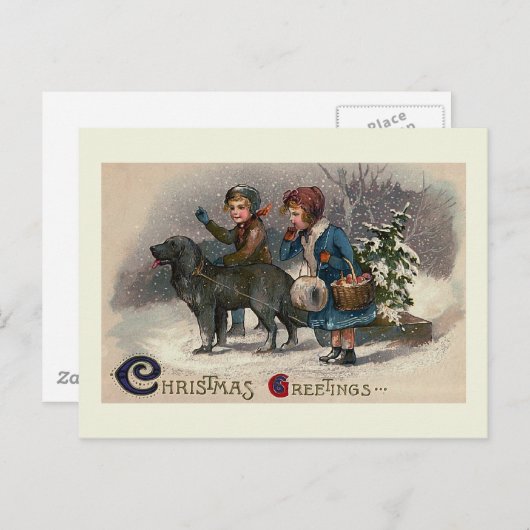 "Dog Pulling Sled" Kerst Briefkaart (Voorkant / Achterkant)