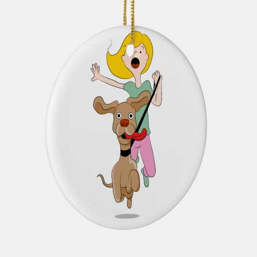 Dog Pulling Woman Cartoon Keramisch Ornament (Rechts)